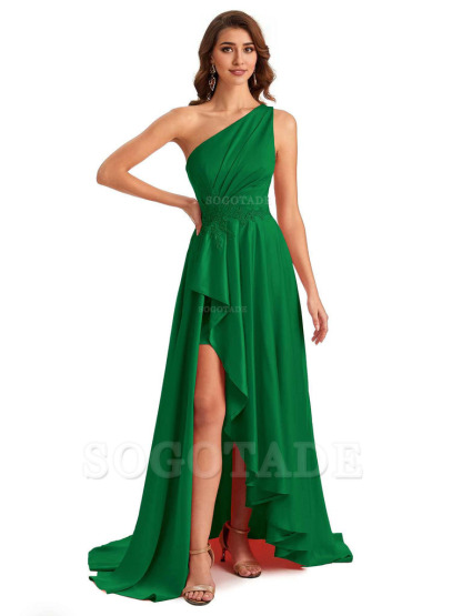 Sexy One Shoulder A-Line High Low Silky Satin Lace Long Formal Wedding Guest Dresses