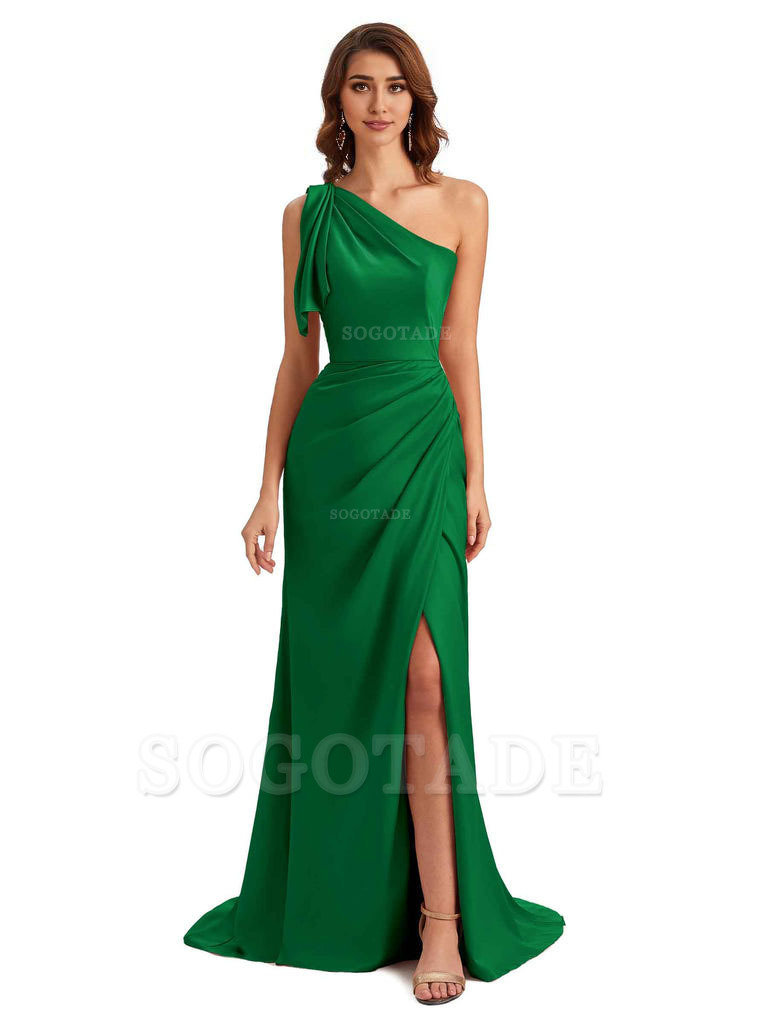 Sexy One Shoulder Mermaid Side Slit Unique Silky Satin Bridesmaid Dresses 