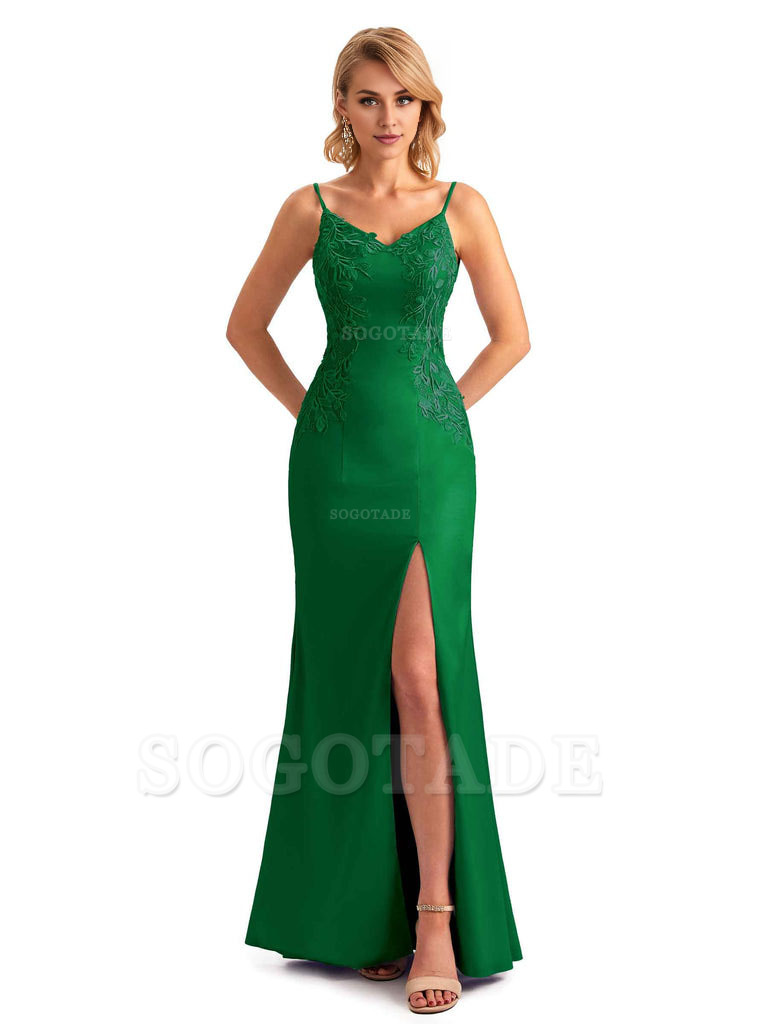Sexy Side Split Mermaid Spaghetti Straps Soft Satin Unique Lace Long Bridesmaid Dresses