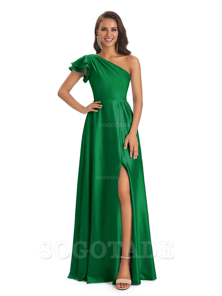 A-Line One Shoulder Ladies Long Bridesmaid Dresses Soft Satin Side Slit Elegant Evening Party Dress