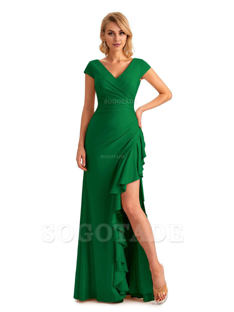 Sexy Side Slit Short Sleeves Mermaid Soft Satin Unique Long Maid Of Honor Dresses
