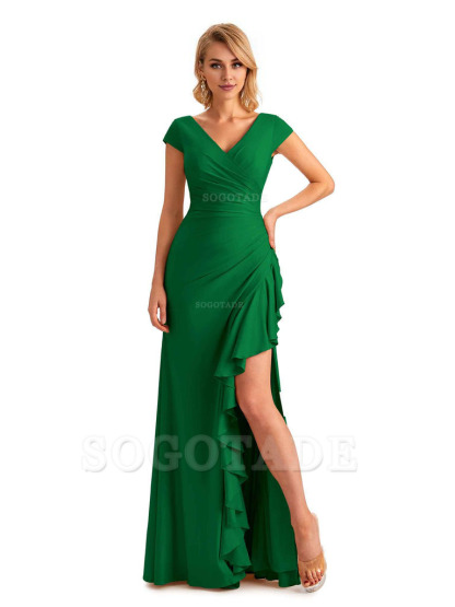 Sexy Side Slit Short Sleeves Mermaid Soft Satin Unique Long Maid Of Honor Dresses
