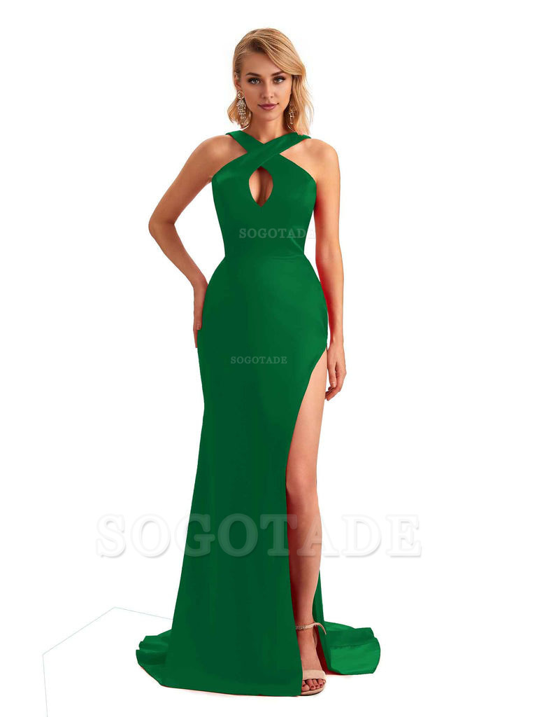 Sexy Side Slit Halter Mermaid Silky Satin Unique Long Formal Wedding Bridesmaid Dresses