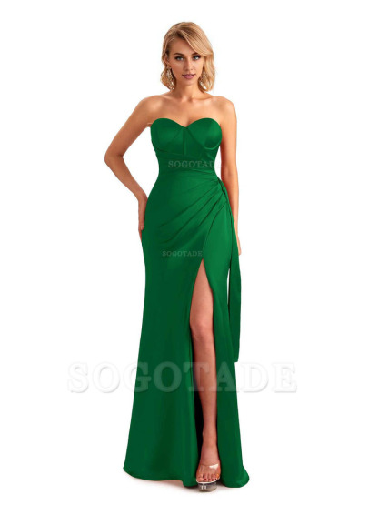 Sexy Side Slit Strapless Mermaid Soft Satin Unique Long Bridesmaid Dress For Wedding