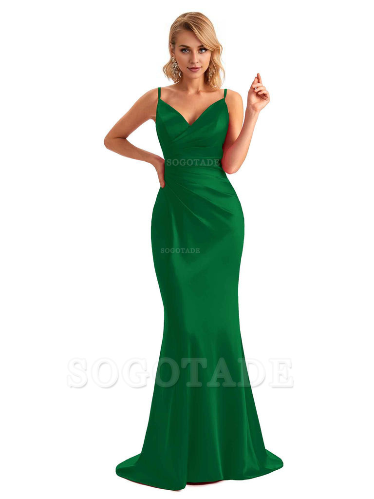  Sexy Backless Mermaid Spaghetti Straps Unique Long Formal Satin Dress For Women