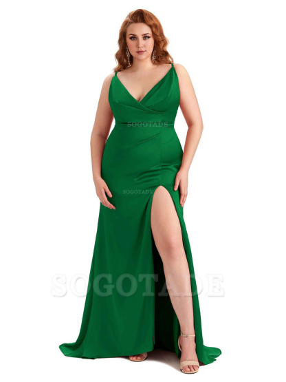 Sexy Side Slit Spaghetti Straps Mermaid Soft Satin Fashion Bridesmaid Dresses