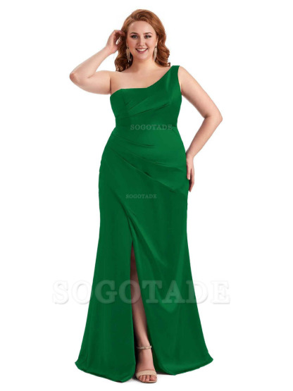 Sexy Side Slit One Shoulder Mermaid Long Plus Size Satin Maxi Dresses