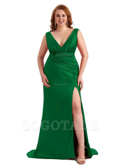 Elegant V-neck Side Slit Mermaid Soft Satin Long Plus Size Bridesmaid Dress For Wedding