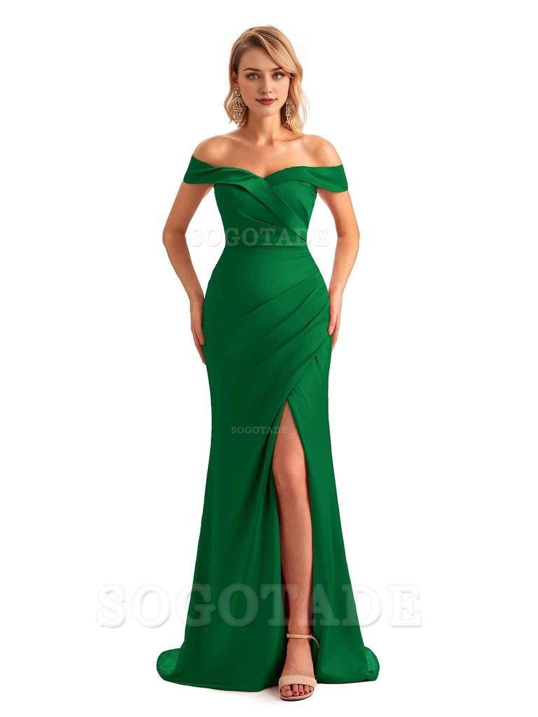 Off Shoulder Side Slit Mermaid Silky Satin Unique Long Formal Wedding Guest Dresses Online