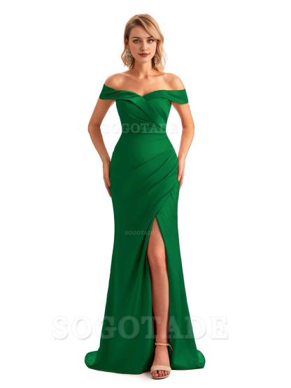 Off Shoulder Side Slit Mermaid Silky Satin Unique Long Formal Wedding Guest Dresses Online