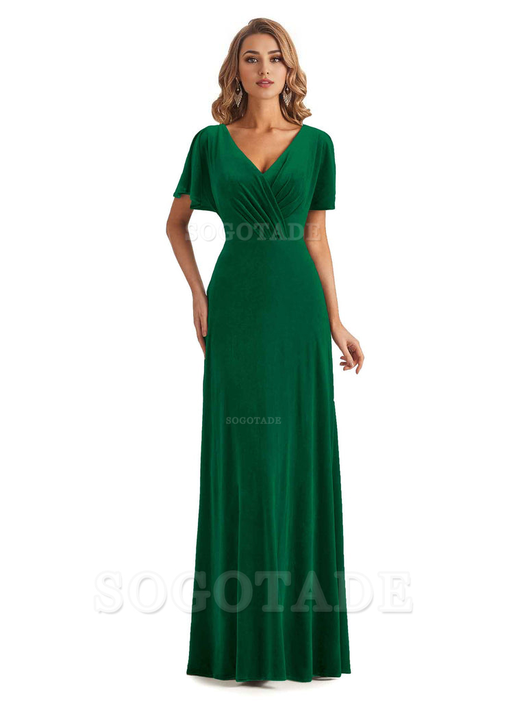 Elegant Mermaid V-neck Short Sleeves Unique Velvet Long Bridesmaid Dresses
