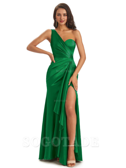 Elegant Soft Satin Side Slit One Shoulder Unique Mermaid Bridesmaid Dresses Online prom dresses shops