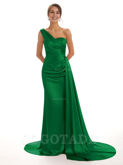 Elegant One Shoulder Soft Satin Unique Mermaid Long Bridesmaid Dresses Online prom dresses shops
