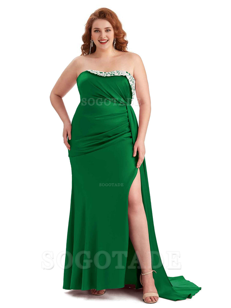 Sexy Side Slit Strapless Mermaid Lace Soft Satin Long Plus Size Maid of Honor Dresses