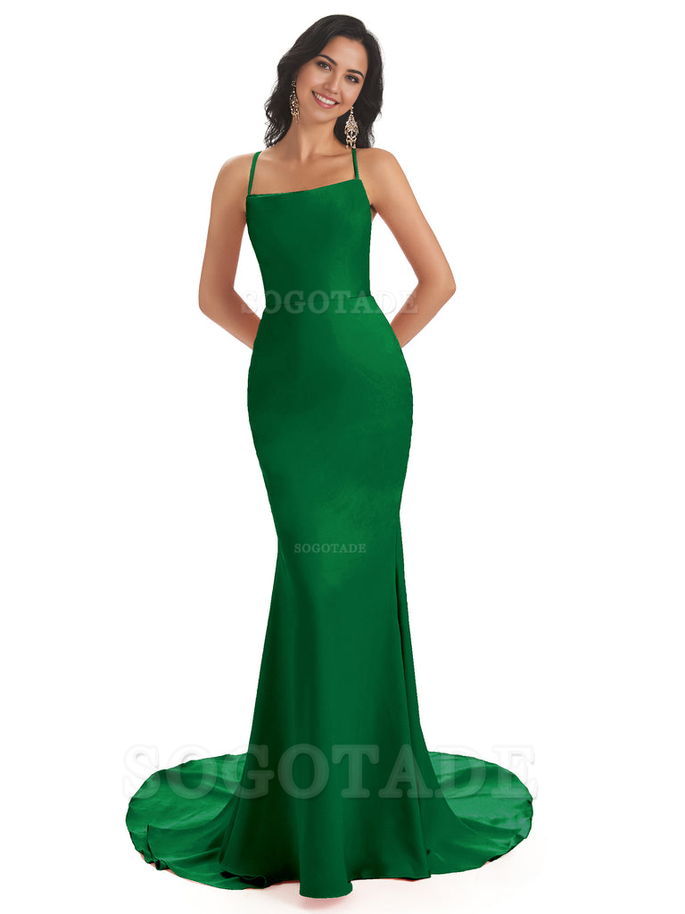 Mermaid Spaghetti Backless Straps Satin Long formal dresses evening gown Bridesmaid Dresses