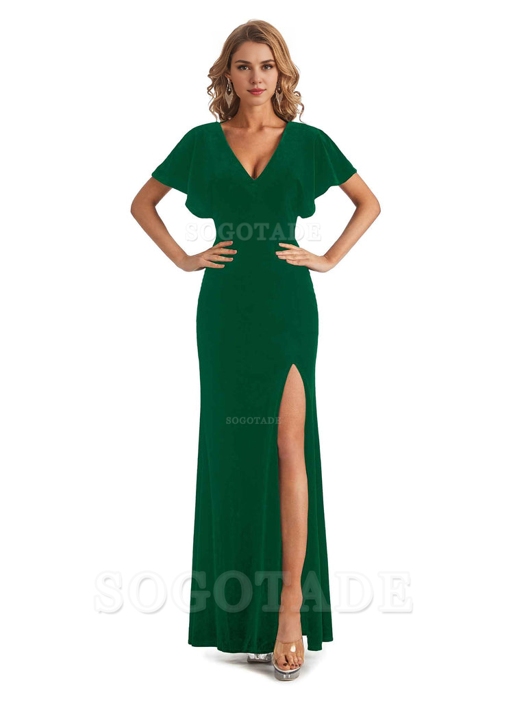 Mermaid Cultivate oneself V-Neck Short Sleeves Side Slit Velvet Long Elegant Simple Bridesmaid Dresses Formal Women's Dresses Wedding Guests Dresses
