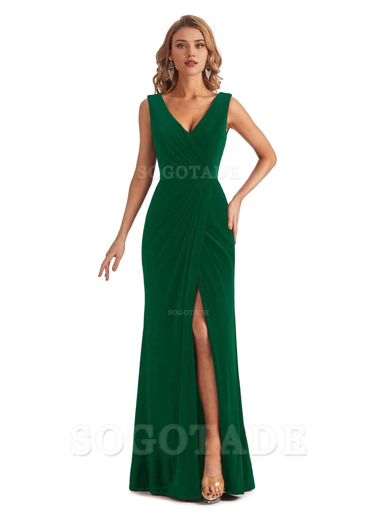 Sexy Deep V-Neck Sheath Velvet Side Slit Long Elegant Bridesmaid Dresses Formal Women's Dresses Wedding Guests Dresses
