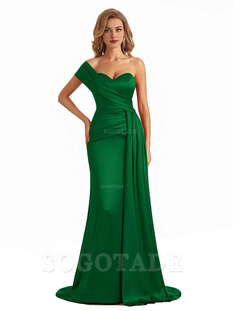 Elegant One Shoulder Soft Satin Long Mermaid Bridesmaid Dresses Online prom shop dresses ﻿