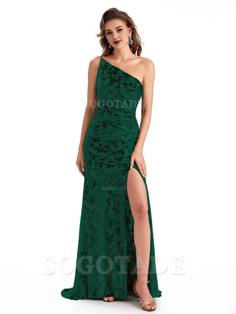Charming Sexy One Shoulder Side Slit Mermaid Floral Velvet Long Exquisite Bridesmaid Dresses Formal Women's Dresses Wedding Guests Dresses