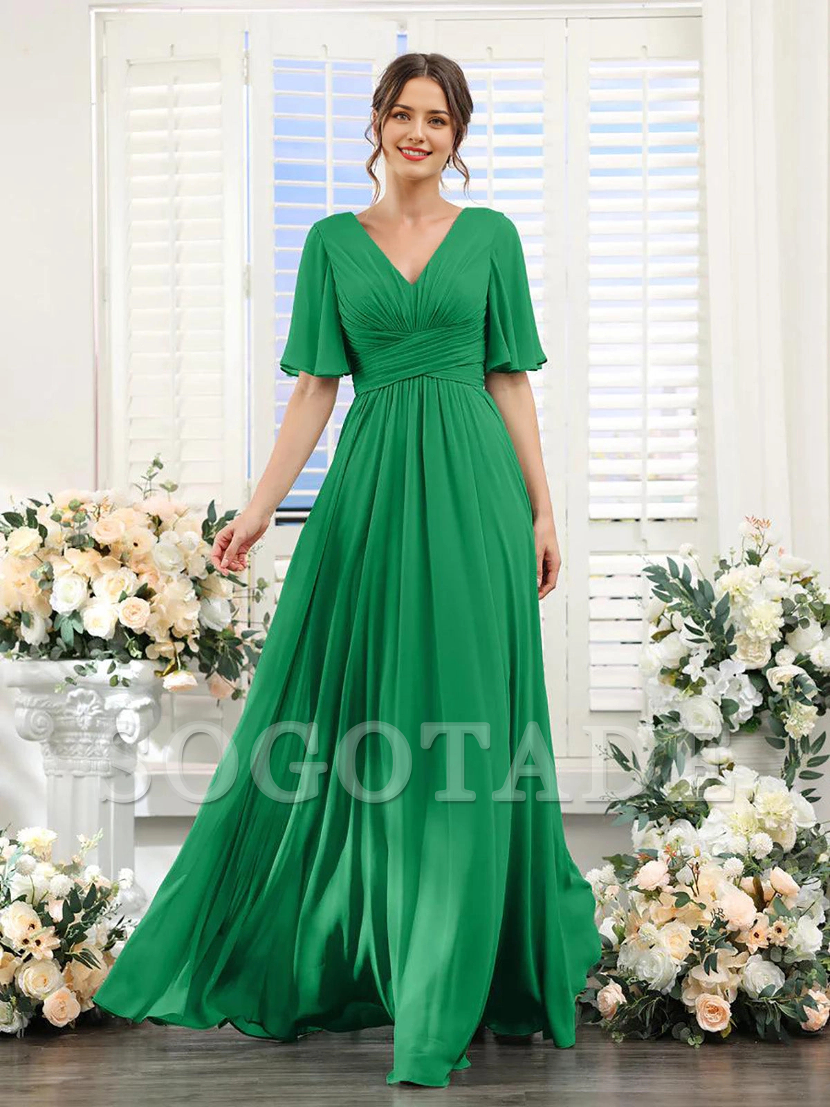 A-shaped V-shaped leader bridesmaid dress, suitable for wedding guests, long chiffon formal slit party dress