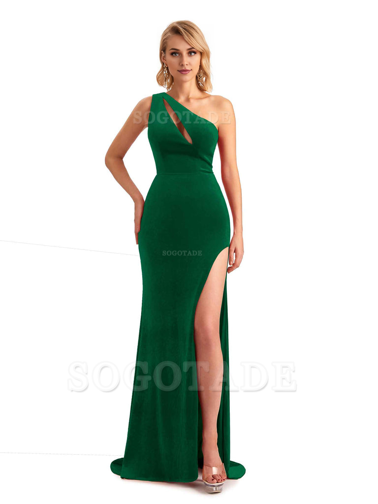 Sexy Sleeveless Floor Length Mermaid One Shoulder Side Slit Velvet Long Bridesmaid Dresses