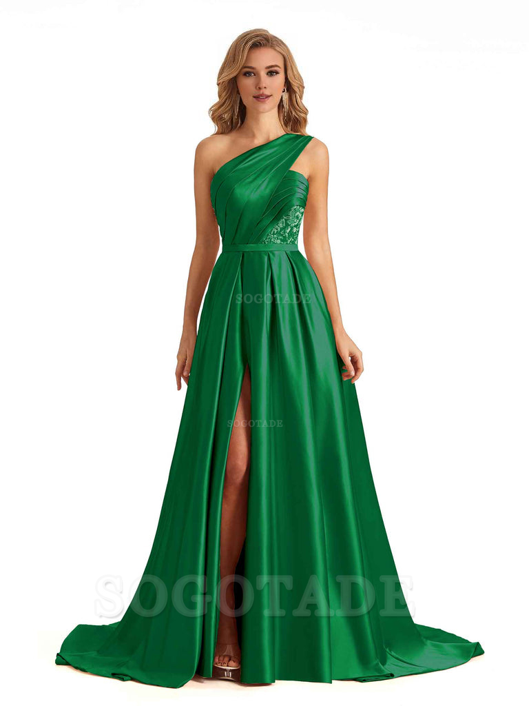 Sexy Side Slit One Shoulder A-Line Soft Satin Long Bridesmaid Dresses Online prom dress in store