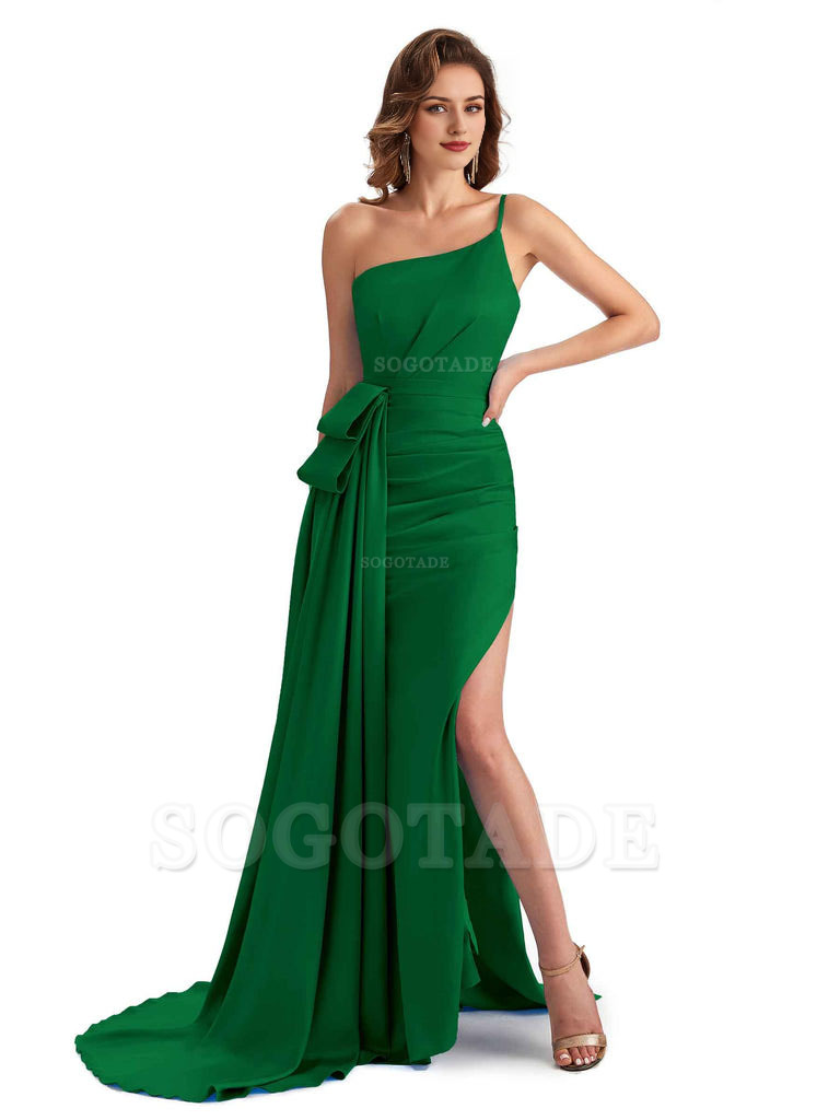 Sexy Side Slit Mermaid Silky Satin One Shoulder Modern Maxi Bridesmaid Dresses