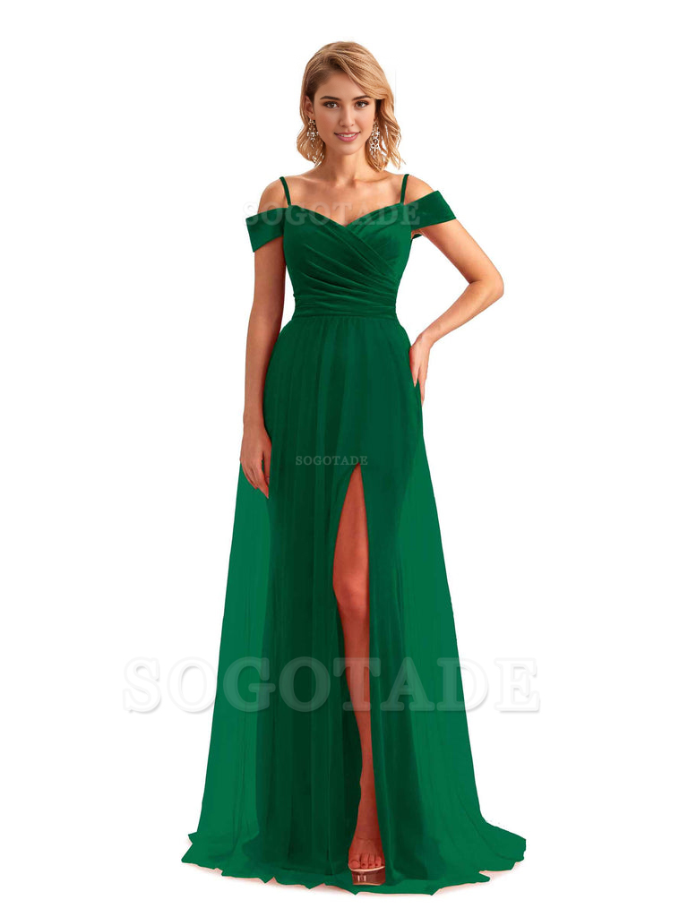 Elegant Mermaid Spaghetti Straps Floor Length Cold Shoulder Side Slit Tulle Velvet Long Bridesmaid Dresses