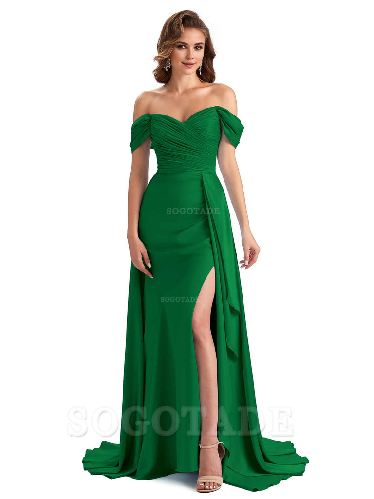 Sexy Side Slit Mermaid Soft Satin Off The Shoulder Long Unique Bridesmaid Dresses prom dress in store