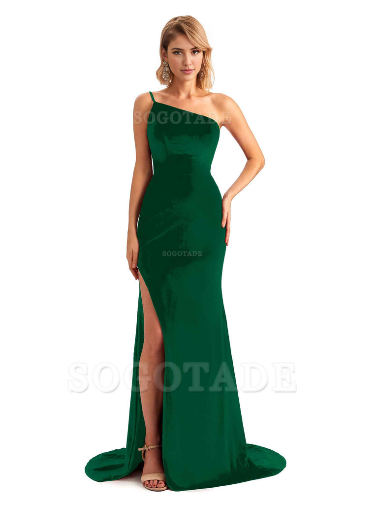 Sexy Side Slit Mermaid Spaghetti Straps One Shoulder Formal Velvet Long Bridesmaid Dresses