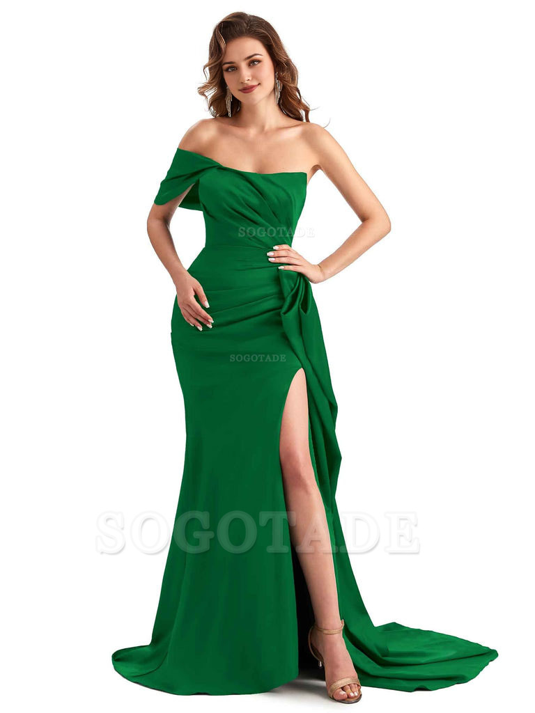 Sexy Side Slit Mermaid Silky Satin One Shoulder Chic Long Maid Of Honor Dresses