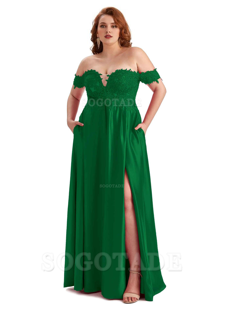 Off Shoulder Side Slit Lace Soft Satin Long Plus Size Bridesmaid Dresses For Wedding