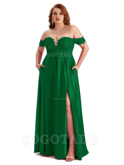 Off Shoulder Side Slit Lace Soft Satin Long Plus Size Bridesmaid Dresses For Wedding