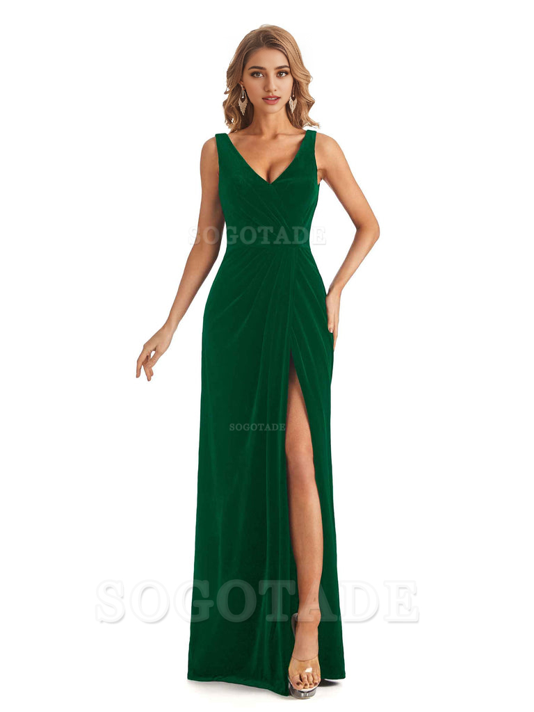 V-Neck Sexy Side Slit Spaghetti Straps Pleated Velvet Long Bridesmaid Dresses Formal Wear Dresses