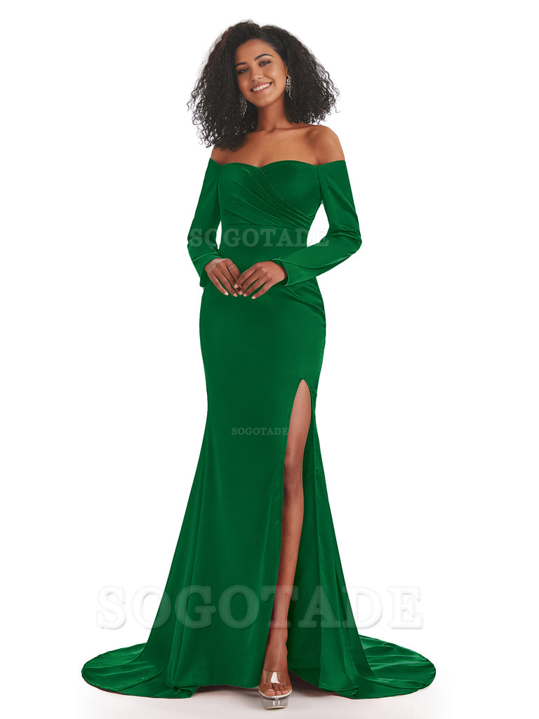 Mermaid Long Sleeve Satin formal dresses evening gown Bridesmaid Dresses With Side Slit 
