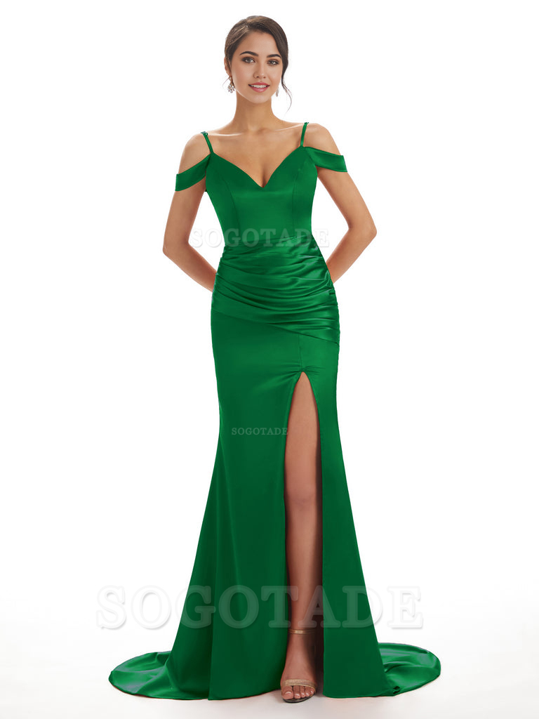 Mermaid Off The Shoulder Satin formal dresses evening gown Bridesmaid Dresses With Side Slit 