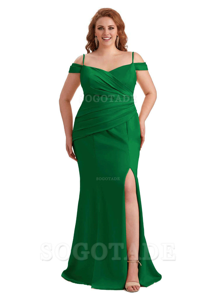 Elegant Cold Shoulder Side Slit Mermaid Soft Satin Long Plus Size Bridesmaid Gowns
