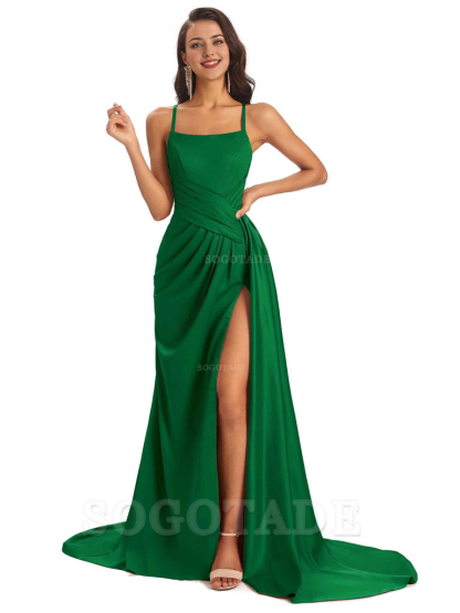 Sexy Soft Satin Side Slit Spaghetti Straps Long Maxi Bridesmaid Dresses prom shop dresses
