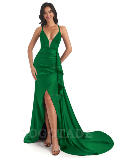 Sexy Spaghetti Straps Soft Satin Side Slit Pleats Unique Mermaid Bridesmaid Dresses prom shop dresses ﻿