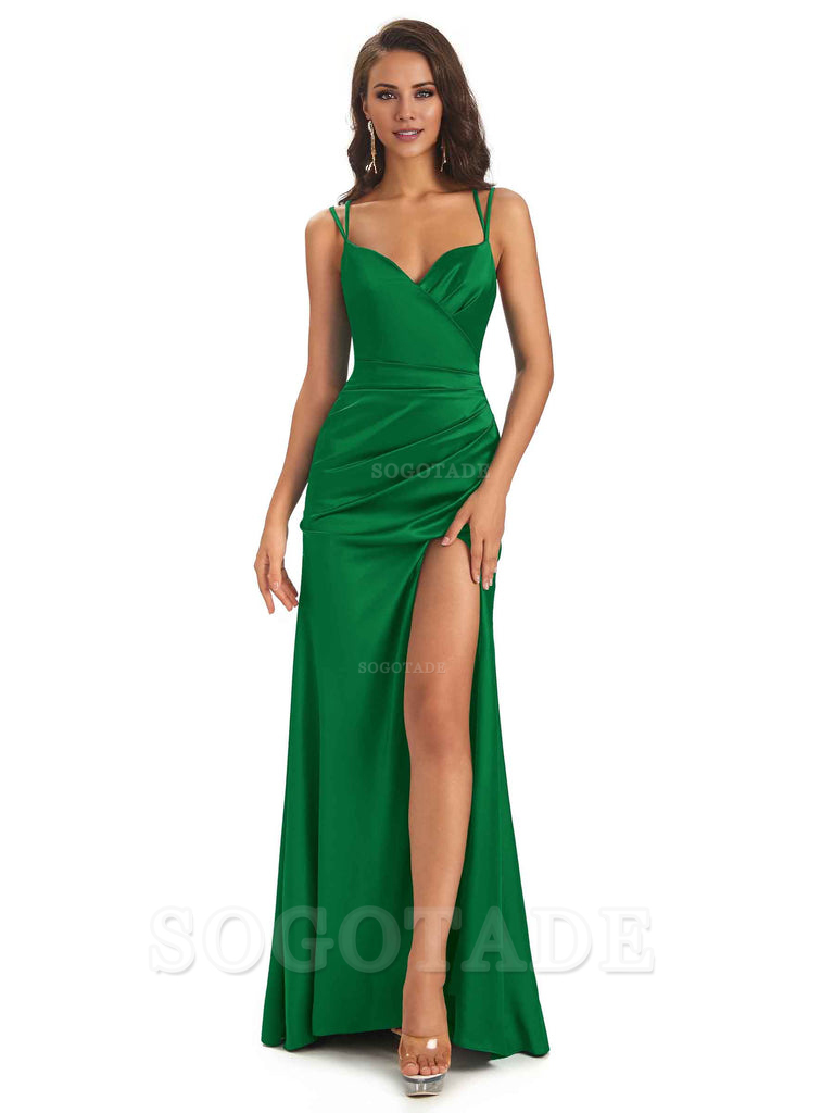 Sexy Soft Satin Side Slit Spaghetti Straps Long Maxi Mermaid Bridesmaid Dresses Elegant Evening Party Dress