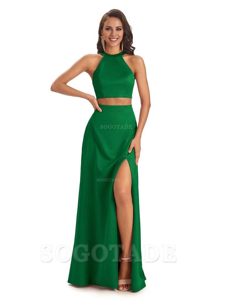 Soft Satin Two-Pieces Halter Side Slit Sexy Fashion Bridesmaid Dresses Charming Evening Party Dress