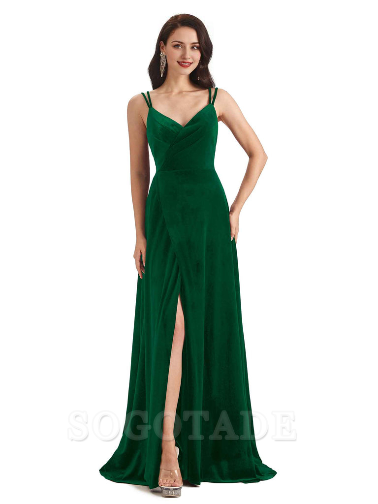 Sexy Velvet Long Bridesmaid Dresses Spaghetti Straps Open Back with Side Slit
