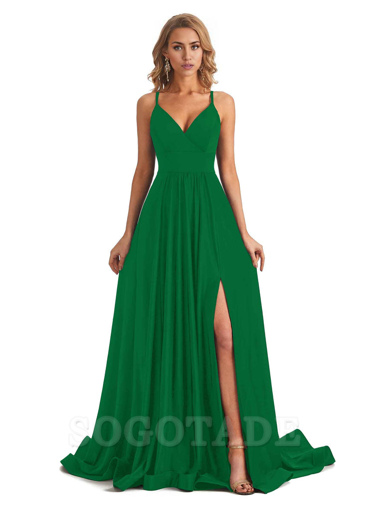 Elegant Spaghetti Straps A-Line Long Formal Bridesmaid Dresses With Side Slit Stretchy Jersey Elegant Evening Party Dress