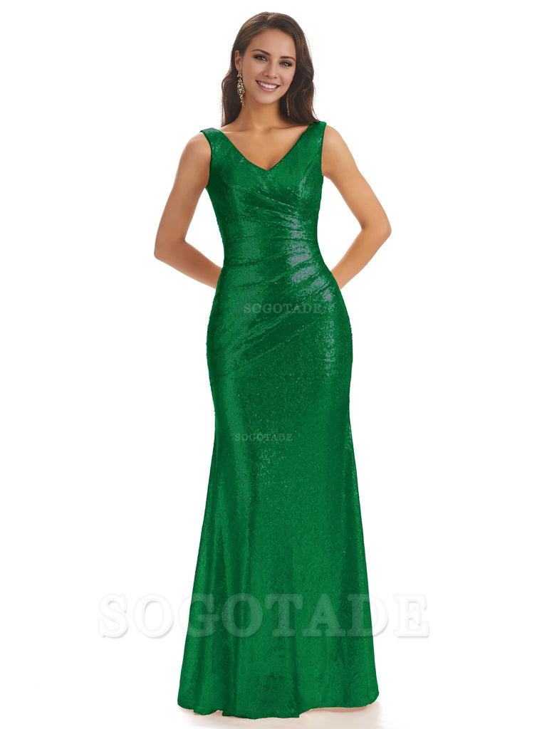 Sexy Sequin V-Neck Sparkly Long Mermaid Bridesmaid Dresses Charming Evening Party Dress