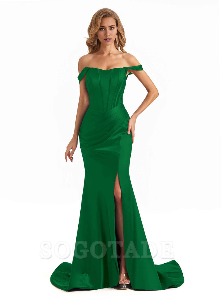 Sexy Long Mermaid Bridesmaid Dresses Off The Shoulder with Side Slit Satin Elegant Evening Party Dress 
