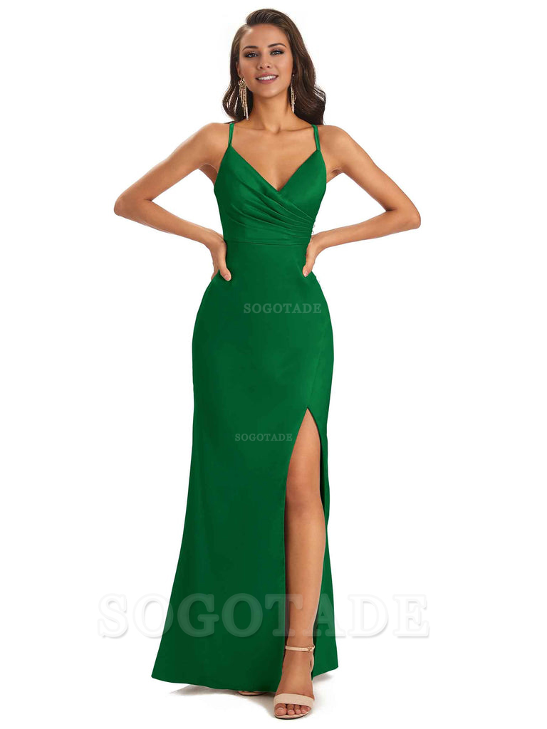 Soft Satin Side Slit Spaghetti Straps Long Unique Mermaid Bridesmaid Dresses Elegant Evening Party Dress