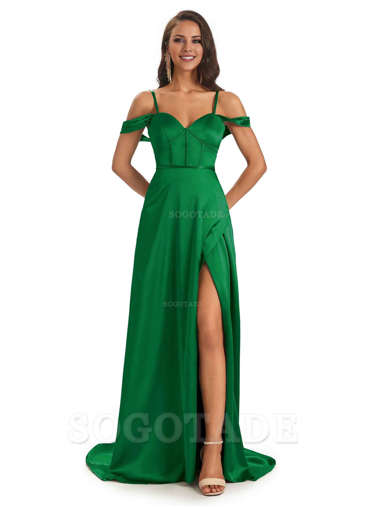Stylish Soft Satin Side Slit Spaghetti Straps Bridesmaid Dresses Elegant Evening Party Dress