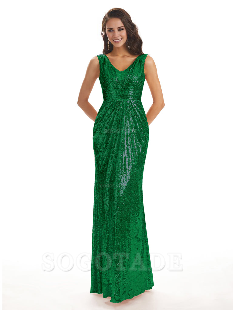 Sparkly V-Neck Sequin Long Mermaid Bridesmaid Dresses Sleeveless Charming Evening Party Dress