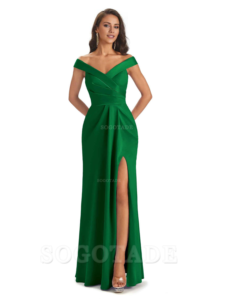 Sexy Soft Side Slit Off Shoulder V-Neck Long Satin Ladies Bridesmaid Dresses Elegant Evening Party Dress