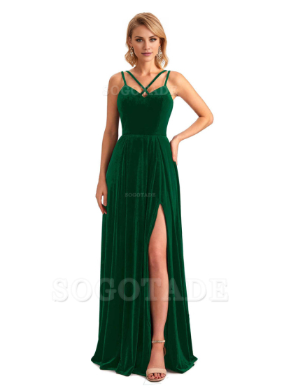 Sexy Side Slit Spaghetti Straps Unique Velvet Long Bridesmaid Dresses Online